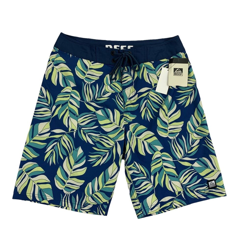 REEF Mens Alonso Leaf Print 4-Way Stretch 20" Board Shorts Blue 30